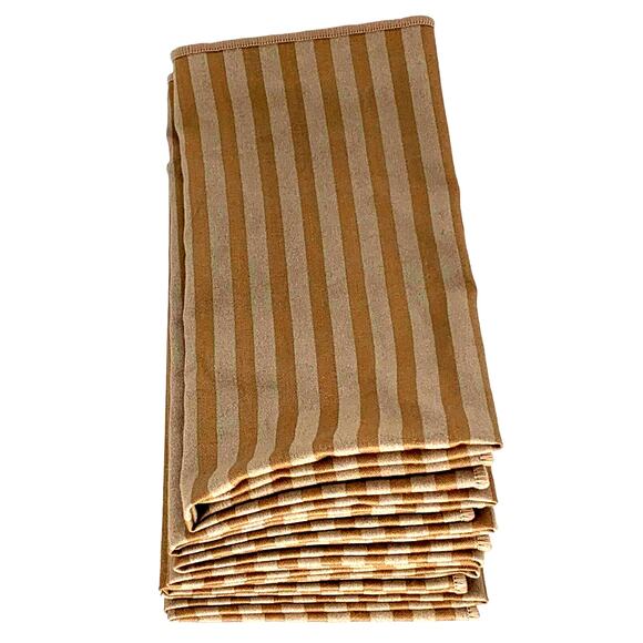 Cloth Napkins Set Of 6 Gold Beige Square Striped Cotton Rolled Hem Table Linens - Picture 1 of 4